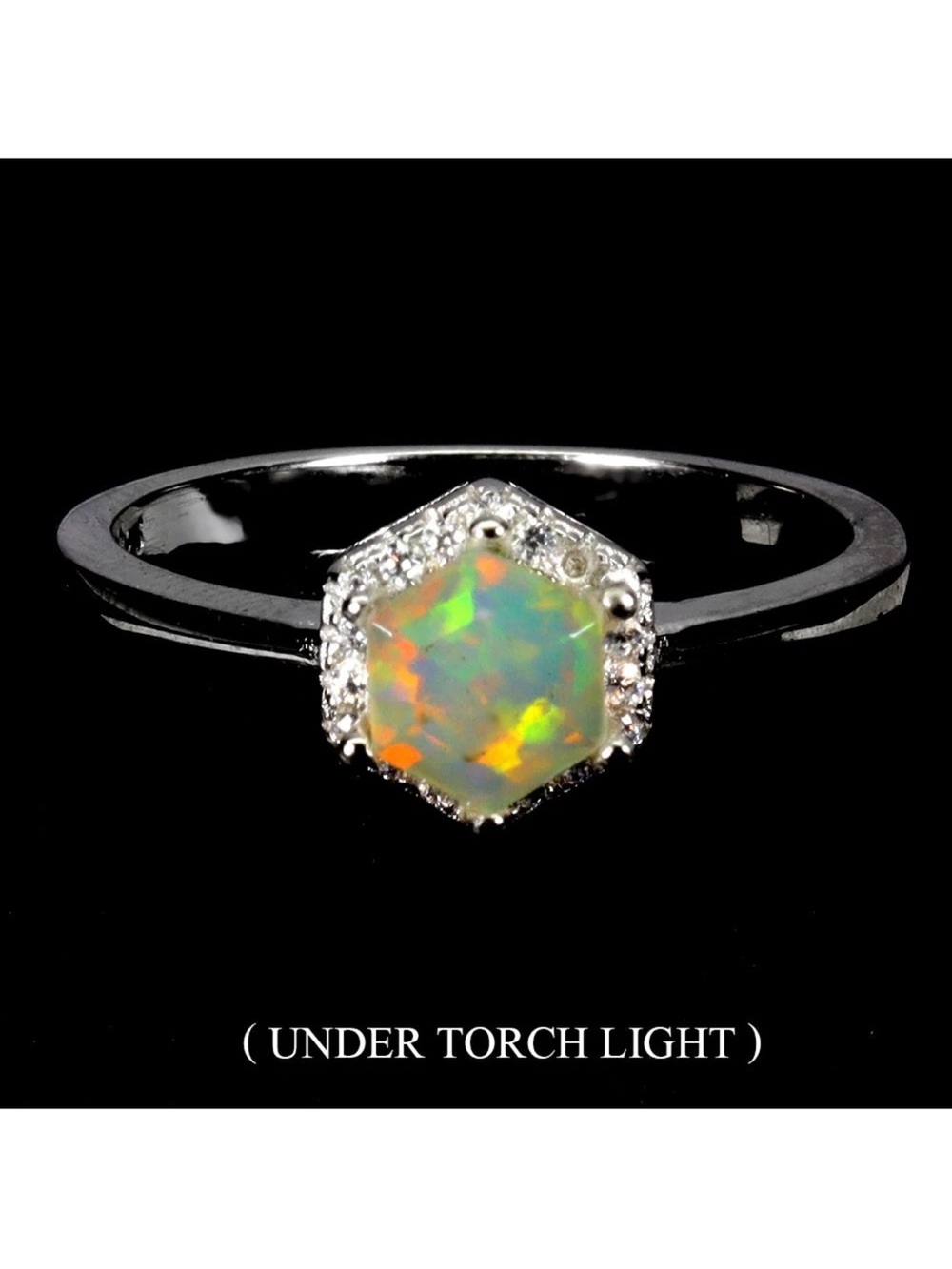 Natural Fire Opal Hexagon 5mm with Halo Ring in 925 Sterling Silver Sz 7